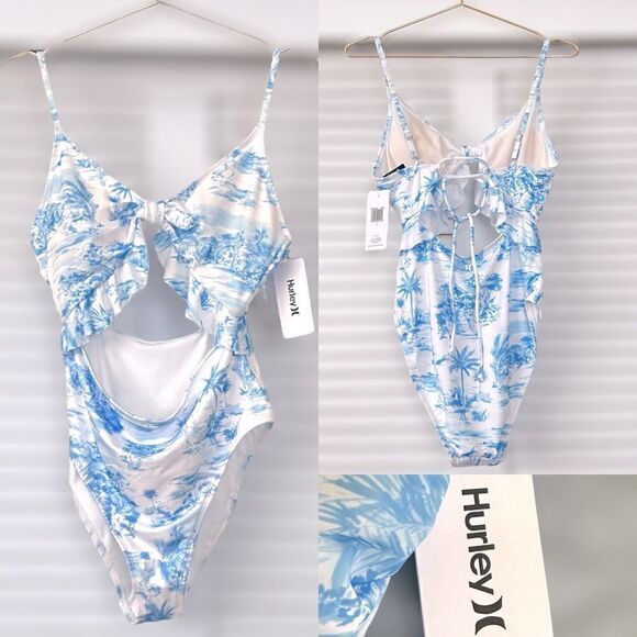 HURLEY Tropical Palm Tree Blue Cutout One Piece Swimsuit Size L - Picture 1 of 15